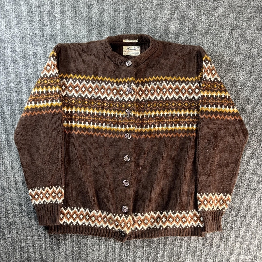 Vintage Jersild Sweater Mens Medium Brown Fair Isle Knit Button Cardigan USA